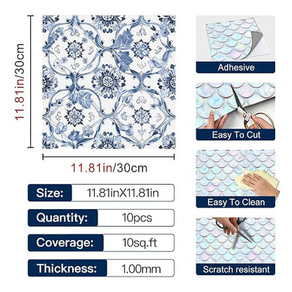 Delft Blue Floral Vine Peel and Stick Floor Tiles 12x12 Inch 10PCS | Delft blue floral vine pattern on a white background vinyl floor stickers for kitchen bathroom entryway and indoor home decor
