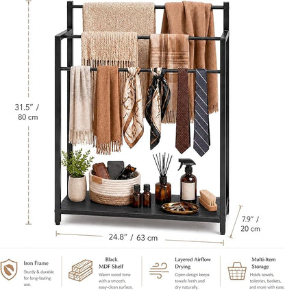 24.8" W Freestanding Towel Rack with Black Wood Shelf | 3 Tier Blanket Ladder Stand for Bathroom Living Room, Metal Frame