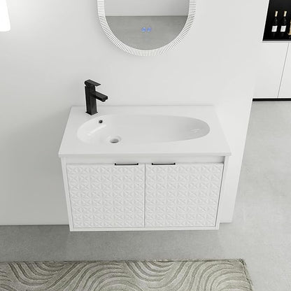 SSLine Modern 30" Floating Bathroom Vanity with Sink Wall Mounted Bathroom Vanity with Top Basin & Storage Cabinet 30-Inch White Star Bath Vanity w/Drop-Shaped Resin Sink for Small Space