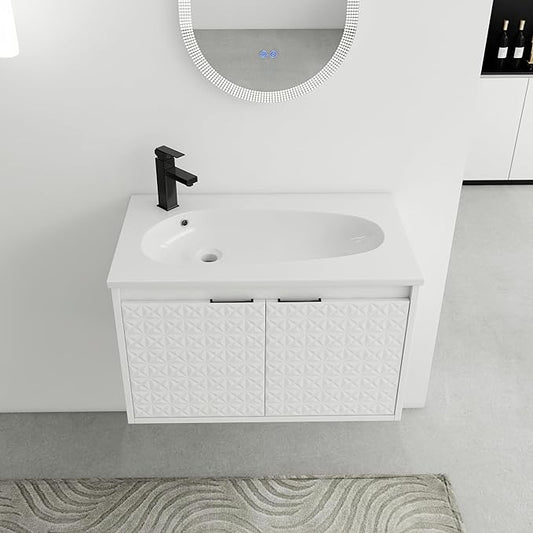 SSLine Modern 30" Floating Bathroom Vanity with Sink Wall Mounted Bathroom Vanity with Top Basin & Storage Cabinet 30-Inch White Star Bath Vanity w/Drop-Shaped Resin Sink for Small Space
