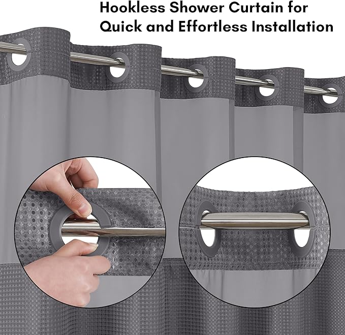 Americanflat 72x75 Hookless Waffle Pattern Shower Curtain - Water-Resistant Long Shower Curtain with Sheer Panel, Snap-in Liner, and Durable Grommets - 100% Polyester - Dark Grey