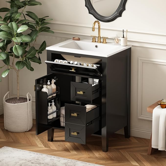 Merax 24 Inch Bathroom Vanities with Undermount Ceramic Sink, Tip-Over Drawer and Side Drawers, Soft Closing Door with Shelf, Solid Wood Frame, Black