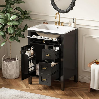 Merax 24 Inch Bathroom Vanities with Undermount Ceramic Sink, Tip-Over Drawer and Side Drawers, Soft Closing Door with Shelf, Solid Wood Frame, Black