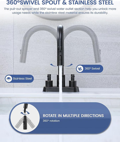 Bathroom Faucet with Pull Out Sprayer,Pull Down Bathroom Faucet 3 Holes,ORB | 4 Inch Centerset Vanity Faucet, Lead-Free,2 Handle Faucet with Pop Up Drain, Stainless Steel 3 Hole Faucet for RV Laundry