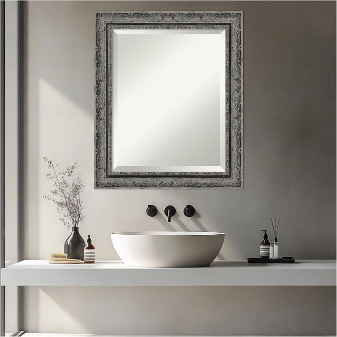 Amanti Art Black Bathroom Mirror for Over Sink, 24x20 Filigree Matte Black Rectangle Vanity Mirror, Small Traditional Frame, Hangs Horizonally and Vertically, Bathroom Wall Decor, Beveled Edge