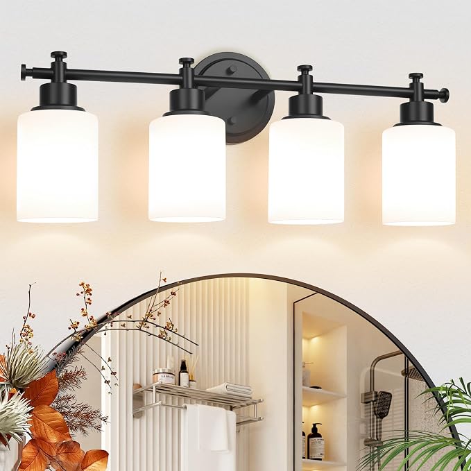 4 Light Bathroom Vanity Light Fixture, 23'' Black Vanity Light over Mirror | Modern Wall Sconce with White Glass Shades, Anti-Rust Vanity Light Fixture over Mirror, 23 Inch (Bulbs Not Included, E26)