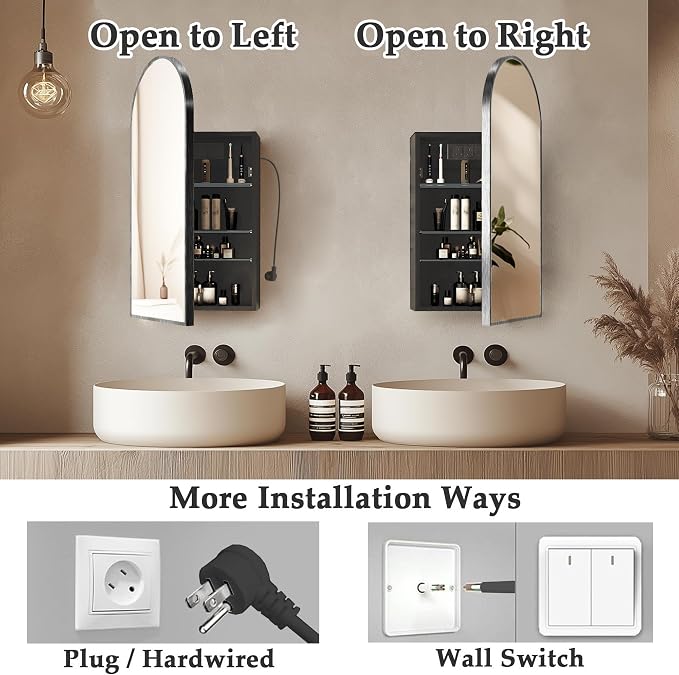 Arched Medicine Cabinet with Mirror,Bathroom Medicine Cabinet Wall Mounted,Bathroom Vanity Mirror with Storage 2 Power Outlets,Mirrored Cabinet with Adjustable Shelf, 20X34 Inch Black