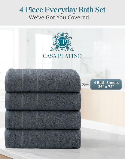 Casa Platino 100% Cotton 4 Pack Bath Sheets (36"x72") - Ring Spun, Extra Large Cotton Bath Towels Set - Quick Dry, Soft & Absorbent Oversized Towel Set - Remains Soft after Multiple Washes - Cool Grey