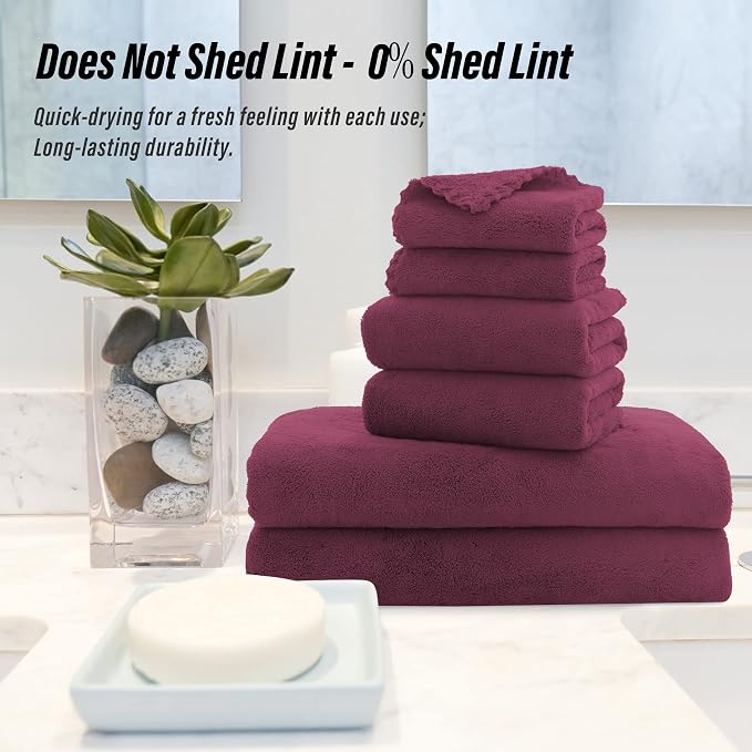 MOONQUEEN Ultra Soft Microfiber Coral Velvet Towel Set - Quick Drying, 2 Bath Towels, 2 Hand Towels, 2 Washcloths - Burgundy, 6 Pcs