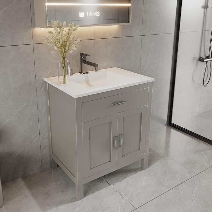 24" Light Grey Bathroom Vanity Base Only – Freestanding Solid Wood Sink Cabinet with Tip-Out Drawer, Shaker Style Storage, No Top or Sink, 36" W x 21" D x 34.5" H