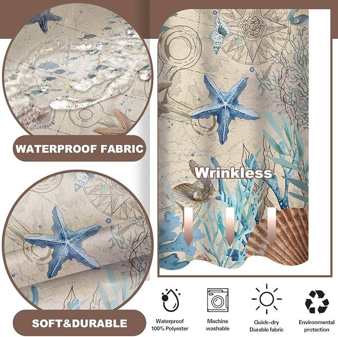 No Hook Shower Curtain and Liner Set, Retro Brown Beach Coastal 71x84 | Nautical Ocean for Bathroom, with Snap in Liner Replacement, Mesh Top Window, Waterproof, Machine Washable, Quick-Drying