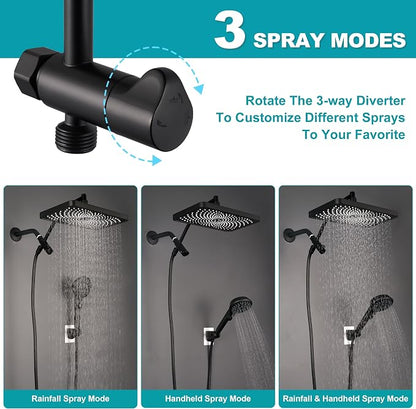 Rain Shower Heads with Handheld Spray Combo,12In Fixed Showerhead&8-Mode Handheld Shower Head with 79 Inches Extra-long Stainless Steel Hose (Black)