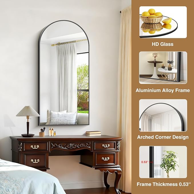 COFENY Arched Mirror, 24’’x48’’ Black Arch Mirror for Bathroom, Arched Bathroom Mirror with Frame, Modern Wall Mounted Mirror for Over Sink Mantle Bedroom Vanity Living Room Entryway