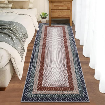 Imitation Braided Collection-Print Washable Runner Rug 2x8 Non Slip Bathroom Rug Bordered Soft Farmhouse Throw Rugs Kitchen Runner Stain Resistant Carpet for Hallway Entryway Rugs