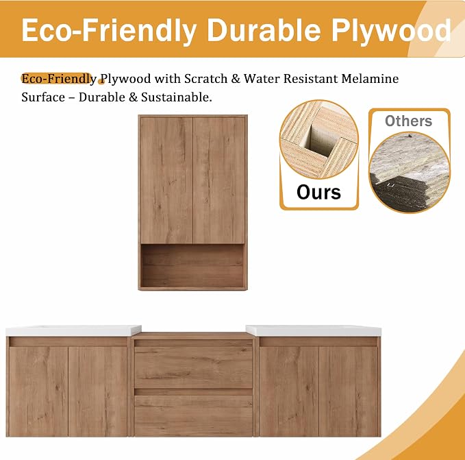 72'' Floating Bathroom Vanity with Double Sink, and 1 Side Cabinet, Brown | Double Sink Combo with 24" Side Cabinet, Plywood Cabinet, Resin Basin, Ample Storage, Soft-close Hinge, Assembly Required