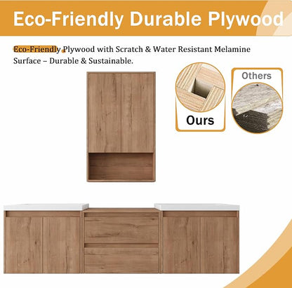 72'' Floating Bathroom Vanity with Double Sink, and 1 Side Cabinet, Brown | Double Sink Combo with 24" Side Cabinet, Plywood Cabinet, Resin Basin, Ample Storage, Soft-close Hinge, Assembly Required