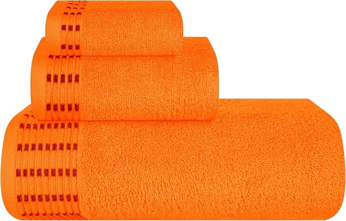 Ultra Soft 3 Pack Cotton Towel Set, Contains a Bath Towels 28x55 inch, a Hand Towels 16x24 inch & a Wash Cloths 12x12 inch, Ideal Everyday use, Compact & Lightweight - Orange