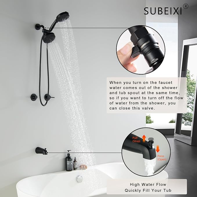 2 Handle Shower Faucet Set with Tub Spout Matte Black Two Handle Shower Faucet Set Complete Tub and Shower Trim Kit, Wall Mount