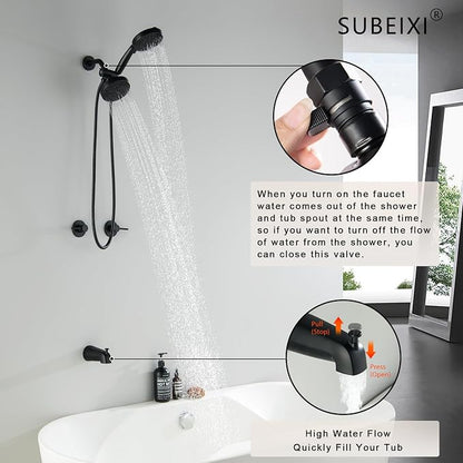 2 Handle Shower Faucet Set with Tub Spout Matte Black Two Handle Shower Faucet Set Complete Tub and Shower Trim Kit, Wall Mount