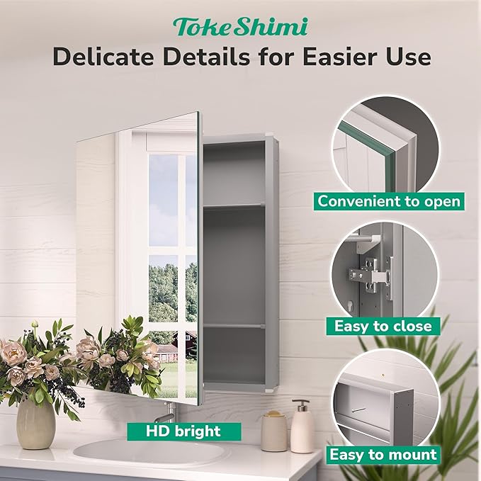 TokeShimi 16x24 Bathroom Medicine Cabinet with Mirror, Aluminum Silver Recessed or Surface Mount with Adjustable Storage Metal