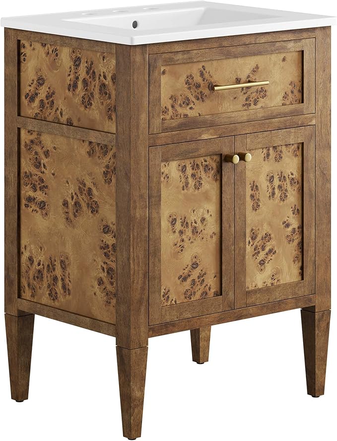 Modway Elysian 24" Burl Wood Bathroom Vanity in White Brown with Ceramic Sink Basin