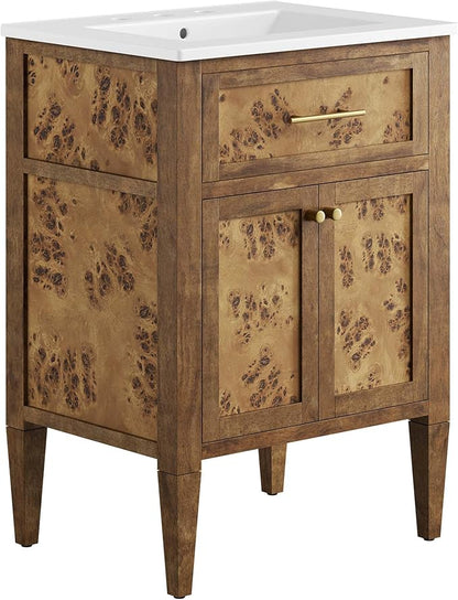 Modway Elysian 24" Burl Wood Bathroom Vanity in White Brown with Ceramic Sink Basin