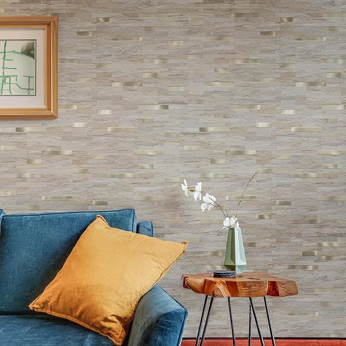 StyloVue 2 Sheets Kitchen Peel and Stick Backsplash Tiles, Beige with Metal Gold Look Stick on Backsplash for Kitchen, RV, Fireplace