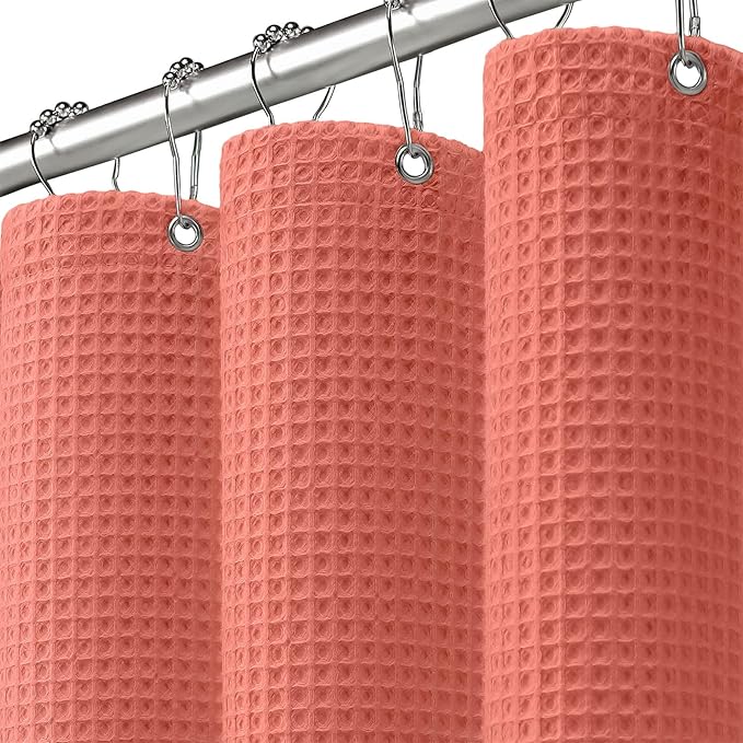 Waffle Weave Shower Curtain - Coral Cotton Fabric Texture Heavyweight Shower Curtains for Bathroom,Washable,72Wx72L