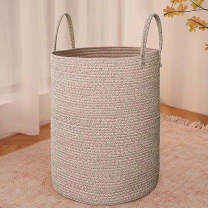 JMvicyroam 80L Cotton Rope Laundry Basket Hamper, Oatmeal | Collapsible laundry basket, reinforced handles, freestanding, machine washable, holds 3-5 thick blankets, clothes or toys