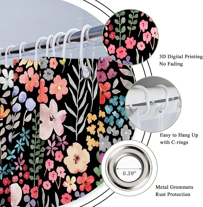 Small Stall Narrow Half Single Floral Stand Up Bathroom Shower Curtain Set | 36"W x 72"H Black Leaves; waterproof HD print, quick-dry fabric with 12 hooks for easy hanging.