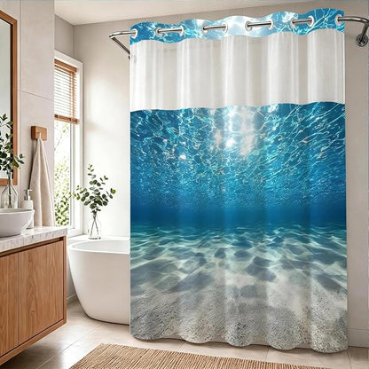 Modern Ocean Luxury No Hook Shower Curtain Nautical Tropical Aesthetic | Funky No Hook Shower Curtain with Snap in Liner, Waterproof Ringless Shower Curtains for Bathroom 72x74 Inch Blue