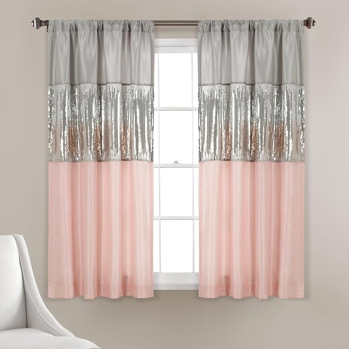 Lush Decor Night Sky Window Curtain Panel, Single 42"W x 63"L Gray & Blush - Sequin Backdrop Curtain - Room Darkening Curtains For Bedroom - Glam Decor