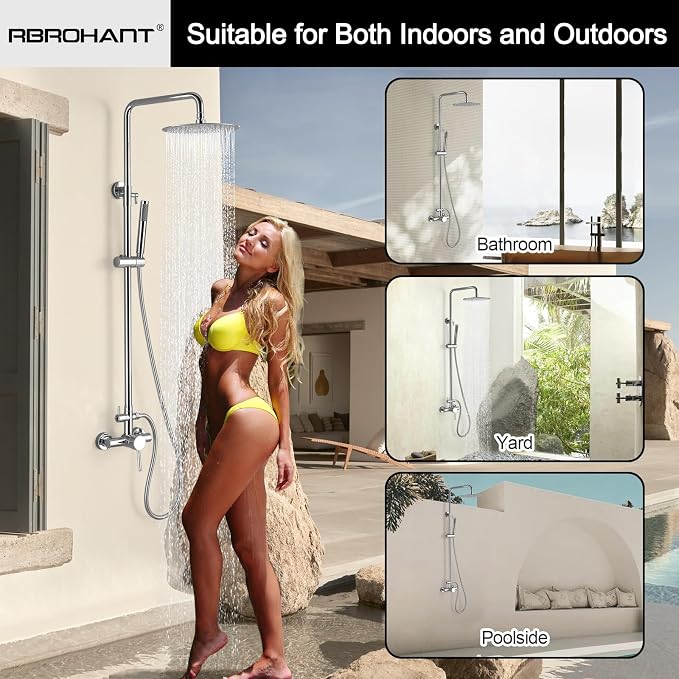 RBROHANT Outdoor Shower, Wall Mount Outdoor Shower Kit, Outside Shower Faucet with Height Adjustable Rain Shower and Handheld, Exposed Shower System for Pool, Wall Mounted, Polished Chrome, JK0146