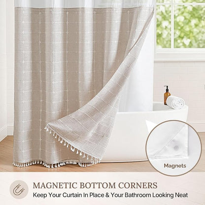 RiverDream Farmhouse No Hooks Shower Curtain with Snap-in Liner,Linen,71x80 | Snap on Fabric Liner,Heavy Duty,Quick Dry,Mesh Top Window,With Bottom Magnets,Washable,with Tassels,Long Size