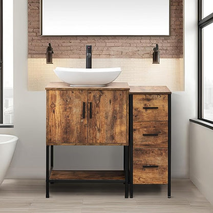 UEV 36" Rustic Brown Bathroom Vanity with Sink Combo,Industrial Iron Frame Bathroom Cabinet Sets with 3 Drawers Side Cabinet,Modern Artistic Ceramic Vessel Sink(032WH)