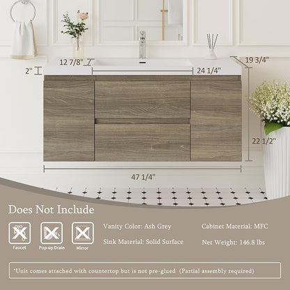 48 Inch Floating Bathroom Vanity with Sink, Large Storage Wall Mounted Floating Vanity with Soft Close Drawers, One-Piece Basin Bathroom Sink Cabinet (Ash Grey, 48 Inch)
