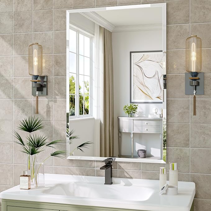 Frameless Bathroom Mirror, 24" x 36" Beveled Wall Mirror | 5mm HD glass, 20mm beveled edge, frameless, anti-rust, shatterproof, french cleat, horizontally or vertically