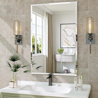 Frameless Bathroom Mirror, 24" x 36" Beveled Wall Mirror | 5mm HD glass, 20mm beveled edge, frameless, anti-rust, shatterproof, french cleat, horizontally or vertically