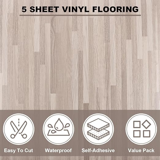 5 Sheet Vinyl Flooring 12x12 Peel and Stick Floor Tile Waterproof Clearance Vinyl Floor Tiles Striated Wood Self Adhesive Floor Tiles Sticky Laminate Flooring for Bathroom Kitchen Basement RV