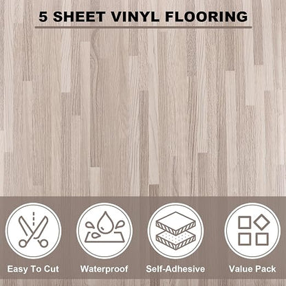 5 Sheet Vinyl Flooring 12x12 Peel and Stick Floor Tile Waterproof Clearance Vinyl Floor Tiles Striated Wood Self Adhesive Floor Tiles Sticky Laminate Flooring for Bathroom Kitchen Basement RV