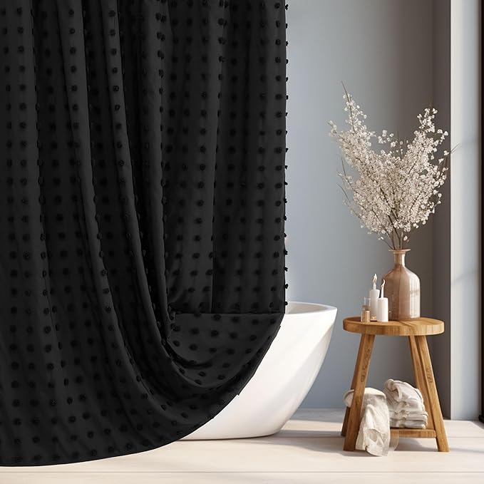 Extra Long Black Boho Shower Curtain Woven Fabric Cute Shower Curtain, 72 x 78 Tufted Pleat Floral Textured Modern Farmhouse Minimalist Shower Curtain Set with Hooks for Bathroom