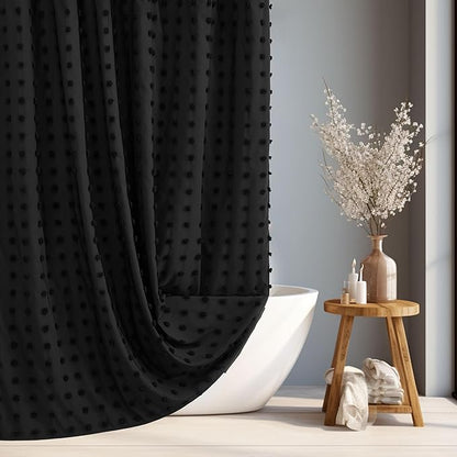 Black Boho Shower Curtain Woven Fabric Cute Shower Curtain, 72 x 72 Tufted Pleat Floral Textured Modern Farmhouse Minimalist Shower Curtain Set with Hooks for Bathroom
