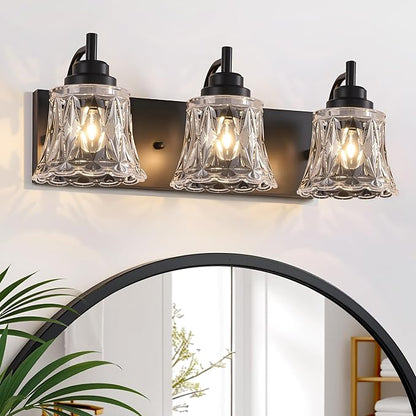 Bathroom Light Fixtures, 3 Lights Black Vanity Lights for Bathroom, Matte Black Antique Finish with Crystal Glass Shade, Farmhouse Lighting Fixtures Over Mirror for Bedroom, Living Room