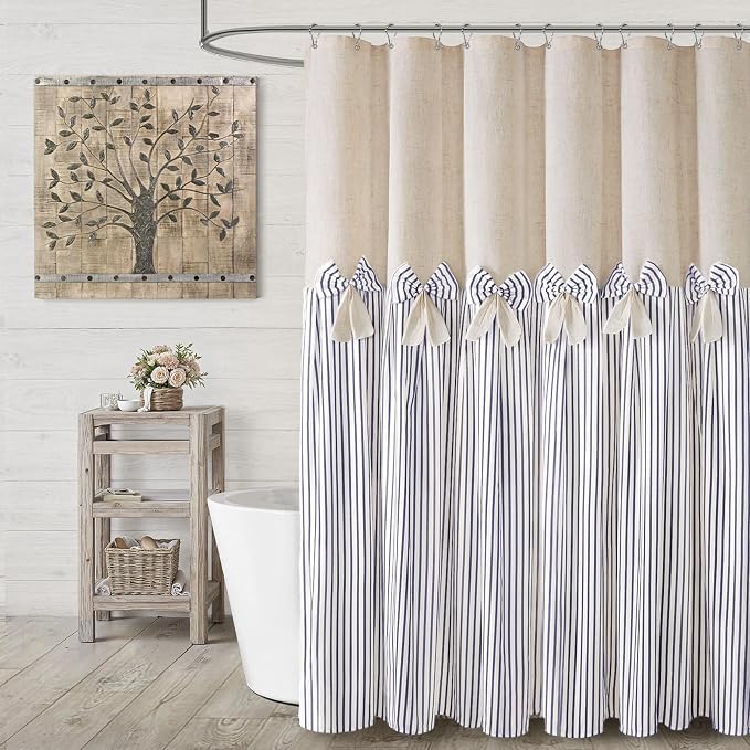 Farmhouse Shower Curtain Linen Bow Pleated Blue Stripe 72"W x 72"L | Farmhouse Style, Chic Bow, Striped, Linen Fabric, Rustic, Country, Natural Look, Washable, for Bathroom Bathtub