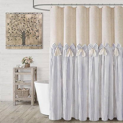 Farmhouse Shower Curtain Linen Bow Pleated Blue Stripe 72"W x 72"L | Farmhouse Style, Chic Bow, Striped, Linen Fabric, Rustic, Country, Natural Look, Washable, for Bathroom Bathtub