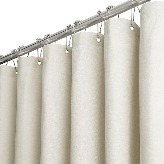 Linen Textured Waterproof Fabric Shower Curtain, 84x72, Light Cream | Heavy Duty Polyester Cloth, 14 Plastic Hooks, Quick-dry, Elegant Drape, Modern Hotel Style, Bathroom Decor, Machine Washable
