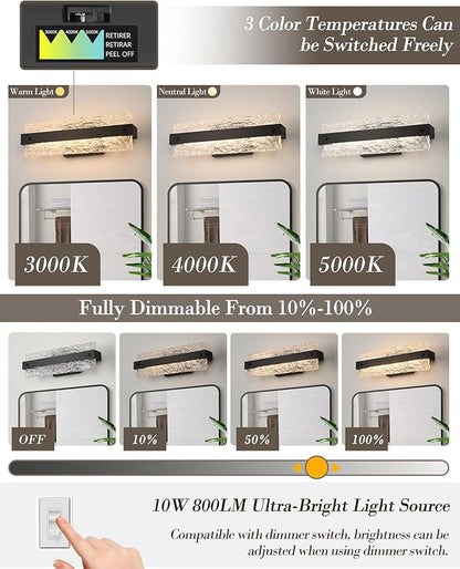 Modern Black Bathroom Vanity Light, 16.5 Inch 10W Dimmable LED Bathroom Light Fixture Over Mirror, Crystal Bar Wall Sconce Lighting for Bath, 3CCT, OS-MM5001-2BK