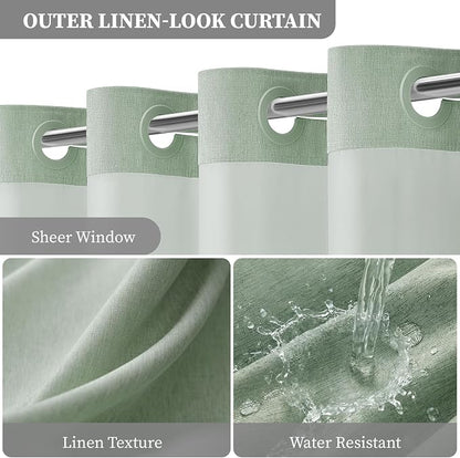 72x81 Ringless Linen Look Shower Curtain with Snap in Liner Sage Green | Tall Size, 3 in 1 Shower Curtain Set, Removable Liner, Waterproof & Washable, Mesh Top Window, Durable Fabric, Easy Setup