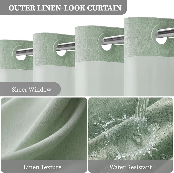 72x87 Ringless Linen Look Shower Curtain with Snap in Liner Sage Green | Extra Long Size, 3 in 1 Durable Fabric Shower Curtain, Removable Liner, Waterproof & Washable, Mesh Top Window, Easy Setup