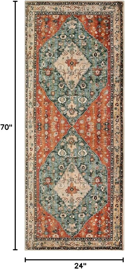 Lahome Felice Boho Tribal 2x6 Washable Runners for Hallways Non Slip, Bohemian Kitchen Mats for Floor, Vintage Bathroom Entryway Carpet Runner for Laundry Living Bedroom (Rust/Dull Teal,2x6ft)